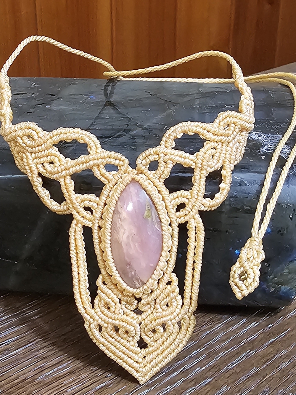 Handmade Macramé Necklace with Rose Opal Stone Pendant